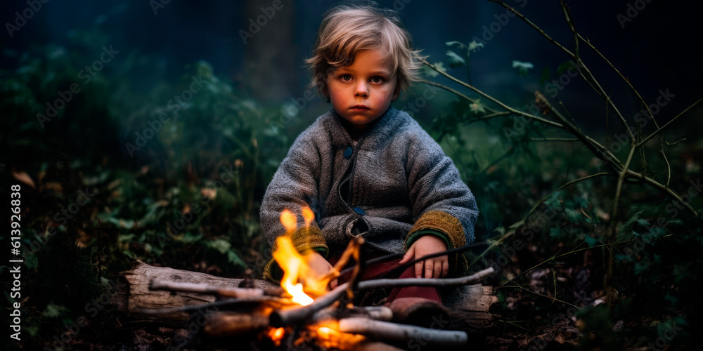 Child sitting by a fire in the woods