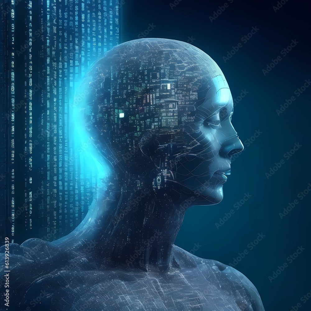 Obraz premium head with binary code, database transfer, network, Artificial Intelligence, AI, data management, data transfer, interconnected nodes, automation, optimization, advanced technology. Generative AI 