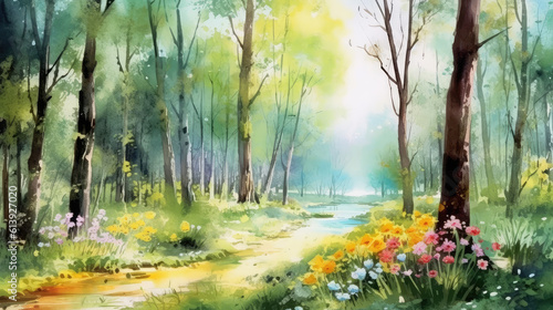 Fototapeta Naklejka Na Ścianę i Meble -  watercolour painting of a forest landscape in the spring