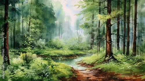 Watercolour painting of a forest landscape in the summer © Flowal93