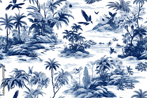 toile de jouy tropical island blue and white summer photo