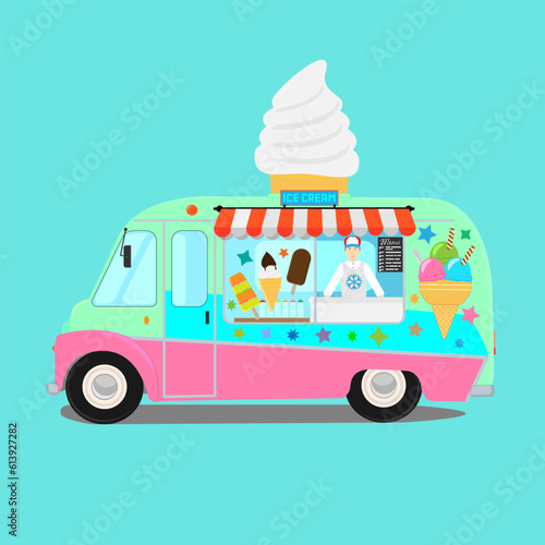 Ice cream truck. Vector illustration of an ice cream van with an ice cream seller inside. The ice cream vendor stands inside the van with both hands on the counter.The ice cream truck is decorated wit