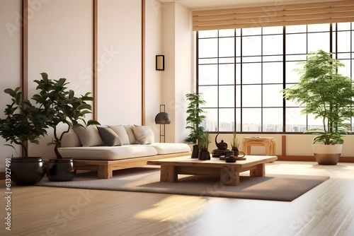 living room interior with japanese modern style, generative ai