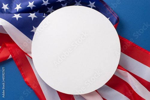Labor Day in USA concept. Above view photo of empty round frame with the flag of United States of America on blue isolated background with copy-space