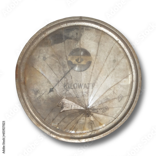 old vintage grunge watt meter, with broken glass, isolated, transparent png photo