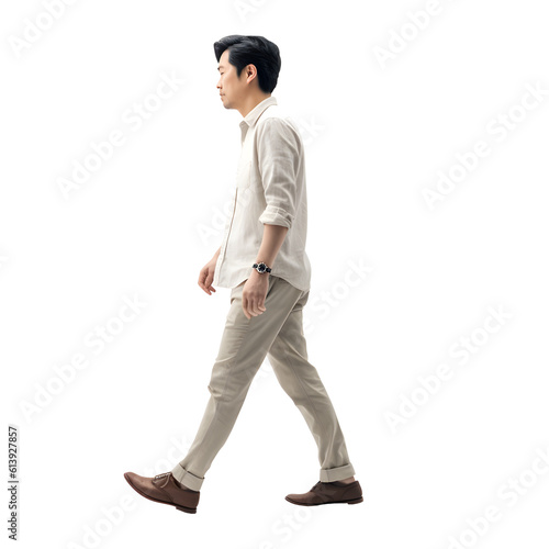 Asian man walking in comfort outfit. Full body isolated on transparent background. Dicut, People, PNG	
