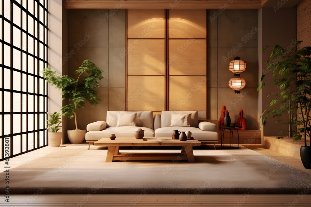 spacious modern japanese living room interior design, generative ai