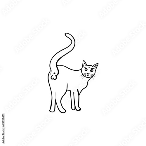 Vector sketch hand drawn cat silhouette with raised tail, line art