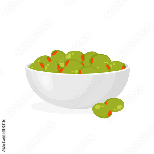Pickled green olives in a plate. Olive stuffed by vegetables, salmon or shrimp. Appetizer in a bowl. Spain or greek cuisine. Vector Illustration.