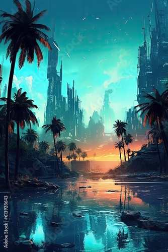 Futuristic Oceanside Twilight  A Cyberpunk Beach Scene   AI Generated