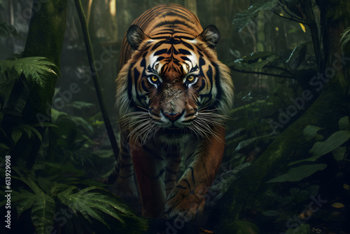 Majestic Tiger Walking Through the Jungle - Generative AI