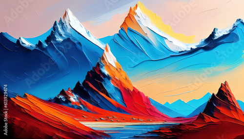 A Captivating Mountain View Illustration in Modern Impressionism Style. Background Template with Oil Painting Style. Generative AI.