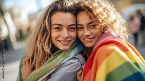 Happy LGBT couple hugging and holding a flag.Created with Generative AI technology.