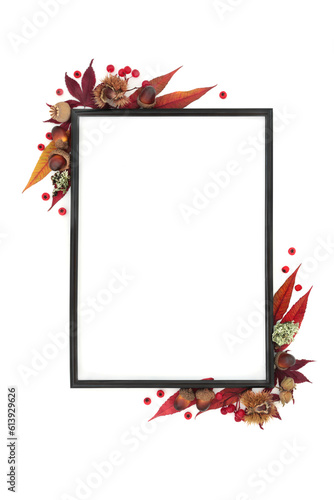 Autumn and Thanksgiving abstract floral leaf frame design with leaves, berry fruit, nuts. Minimal abstract nature Fall black border composition. On white background. Flat lay copy space.