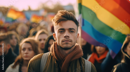 Young man on the LGBT parade.Created with Generative AI technology.