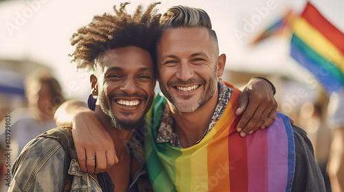 Happy young homosexual couple on the LGBT parade.Created with Generative AI technology.