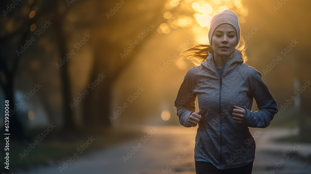 Obraz premium Woman running in city at autumn morning.Created with Generative AI technology.