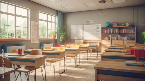 Empty school class in the sunshine. Created with Generative AI technology.