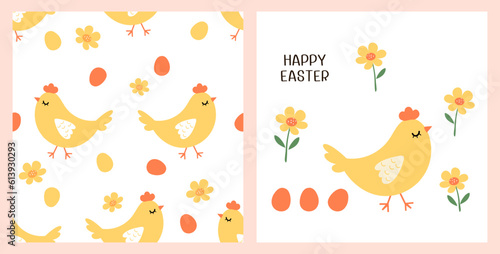 Seamless pattern with chicken hen, egg and flower on white background. Happy Easter with hen, eggs, flower icon signs and hand written fonts isolated on white background vector illustration.