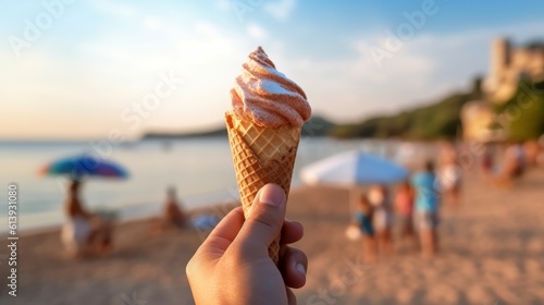 hand with ice cream and summer beach background, generative ai