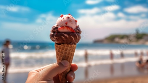 hand with ice cream cone flavors and beach background in summer, generative ai