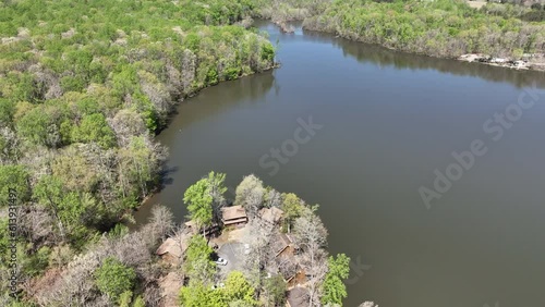 Aerial Chancellorsville Virginia lake campground fast. Rural community Spotsylvania County, Virginia, near Fredericksburg. American Civil War battleground. Summer recreation cabins and boats. photo