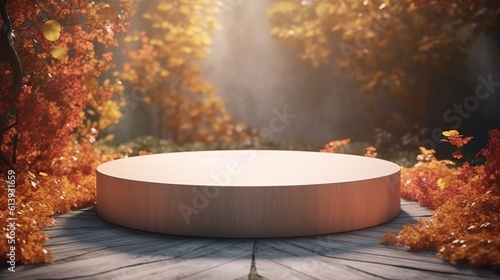 Podium in the autumn forest. Platform for product presentation. AI generative image.