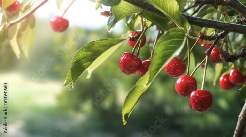 tasty natural organic cherries on the tree branch , generative ai