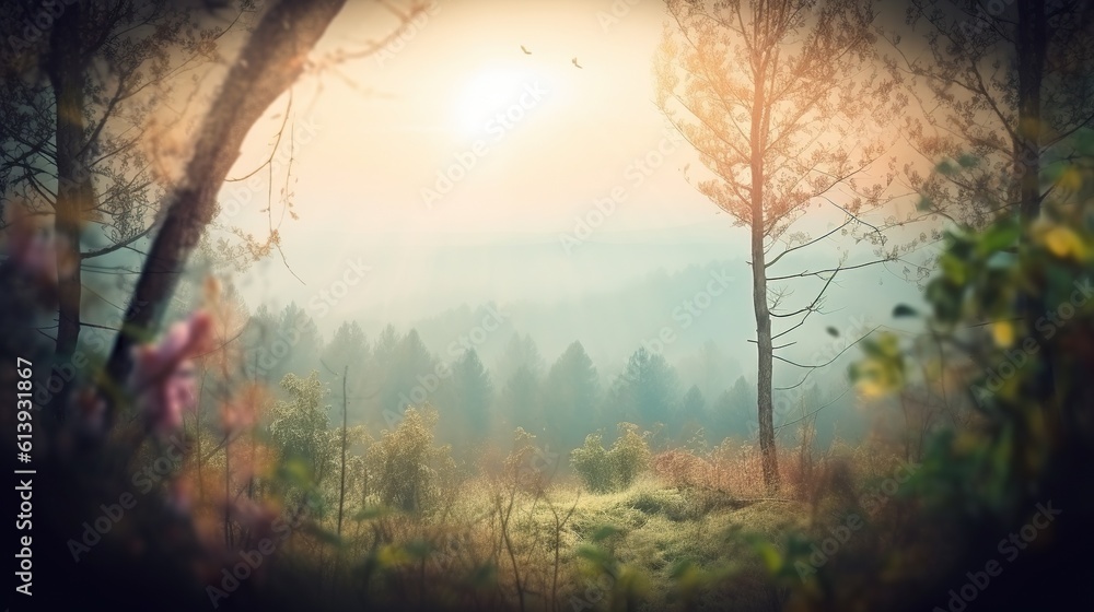 Dreamy Fantasy forest background with copy-space. AI generative image. Dreamy Fantasy forest background with copy-space. AI generative image.