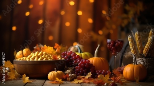 Autumn still life. Thanksgiving day background. AI generative image.