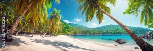 Panoramic banner for web traveling site with beautiful tropical beach scene with palm trees and sandy sea coast. Outdoor nature horizontal background. AI generative image.