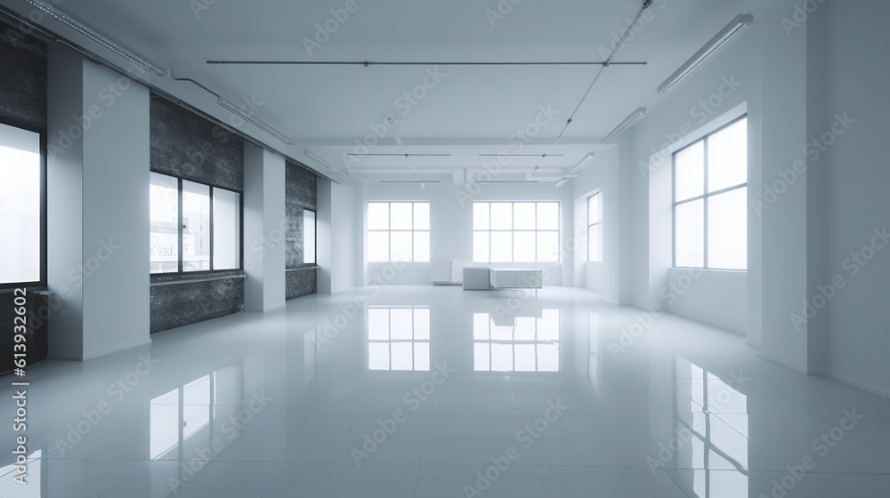 empty futuristic corridor with white walls. AI generative image.