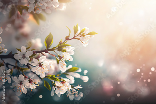 Spring cherry blossom branches with flowers and copy space. Springtime horizontal greeting card template. Floral background. AI generative image.