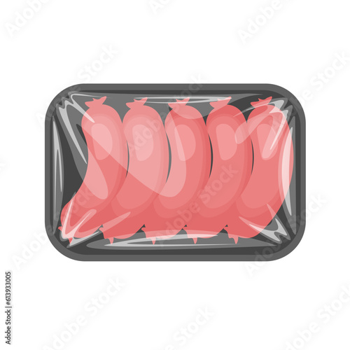 Sausages in polyethylene package tray. Design element for your design. Plastic pack supermarket container with sausage. Vector illustration isolated.