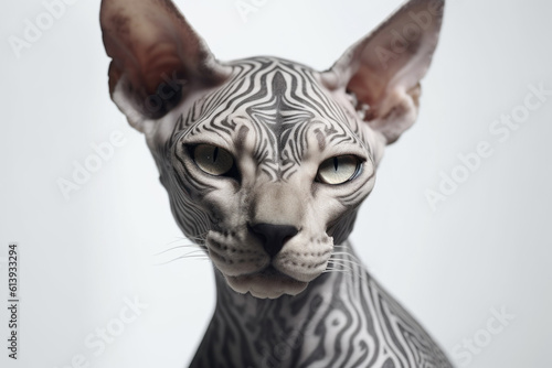 Tattoo studio concept. Closeup of Sphynx cat with body tattoo. AI generative