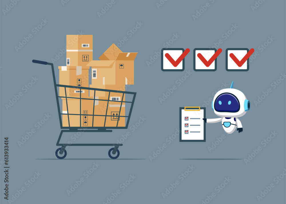 Robot with artificial intelligence checking supply assets and purchasing company equipments, goods and service, audit and checking price. Flat vector illustration