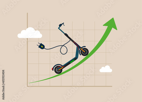 Electric kick scooter cruising on rising up green stock market arrow graph. Electric kick scooter earning and profit increase in new economy stock market. Flat vector illustration