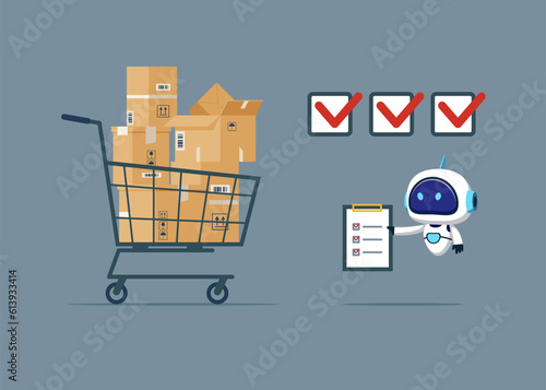Robot with artificial intelligence checking supply assets and purchasing company equipments, goods and service, audit and checking price. Flat vector illustration