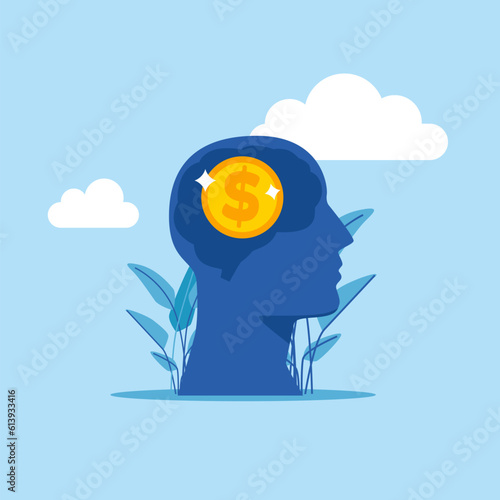 Money in the male brain. Silhouettes of thought images. Modern vector illustration in flat style