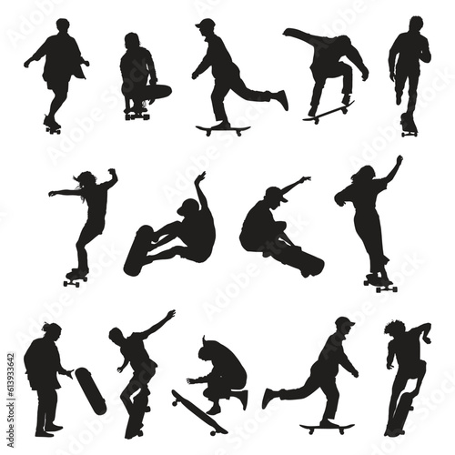 Full set of skateboard peoples silhouettes vector illustration