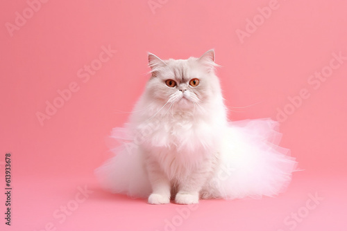 Fluffy cat ballerina on a pink background. Copy space