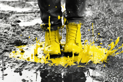 Sole Figure Standing on Vibrant Yellow Surface. photo