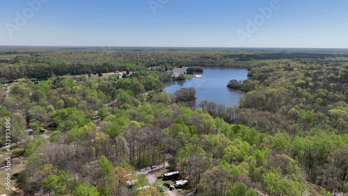 Aerial Chancellorsville Virginia lake campground fast. Rural community Spotsylvania County, Virginia, near Fredericksburg. American Civil War battleground. Summer recreation cabins and boats. photo