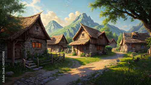 Realistic medieval village environment. 3D Illustration. Fantasy art. Digital art