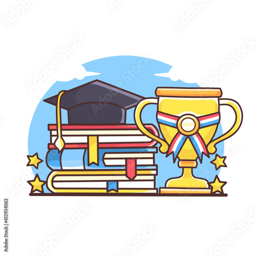 cartoon graduation cap and pile of books,success trophy.educational vector illustration on white background