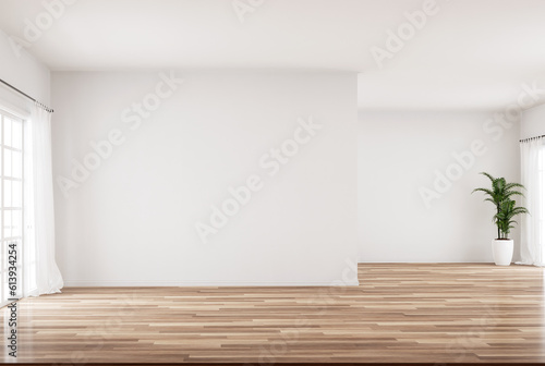 Fototapeta Naklejka Na Ścianę i Meble -  Modern style white empty room 3d render The room has a parquet floor decorated  translucent white curtains, natural light comes through the room.