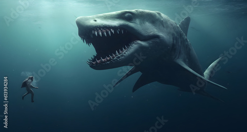 Demon shark going to catch diver at deep ocean. Adventure at sea. AI generated © ZayNyi