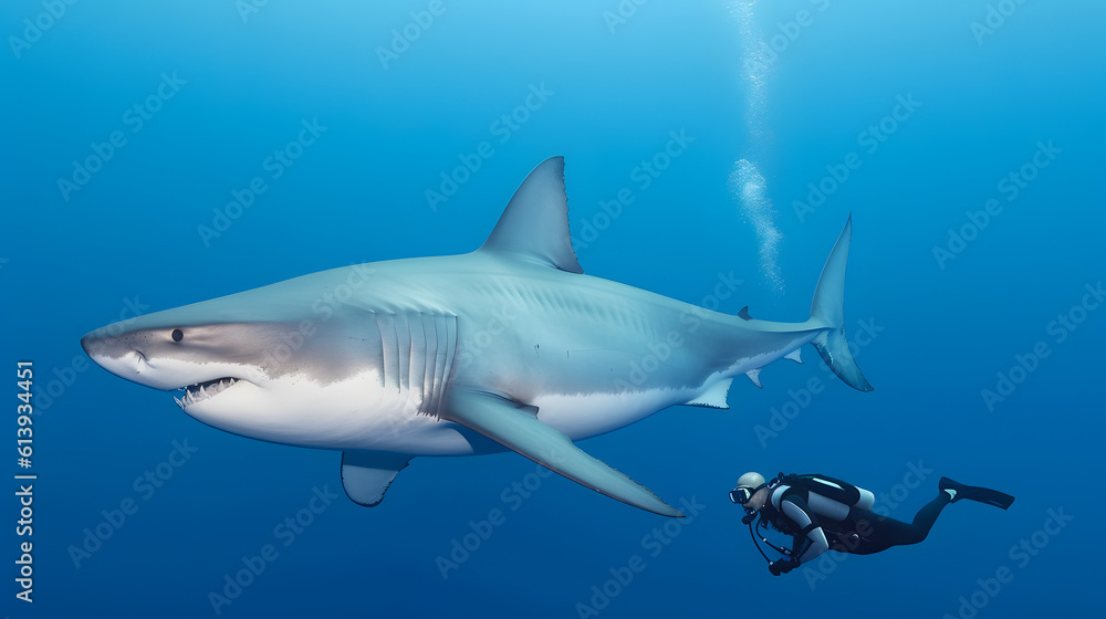 Big shark and diver at deep ocean. Underwater adventure. AI generated Big shark and diver at deep ocean. Underwater adventure. AI generated