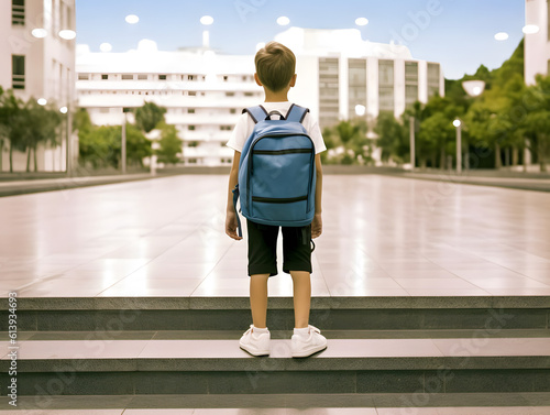 Student boy with backpack on way to school. Concept of back to school. AI generated