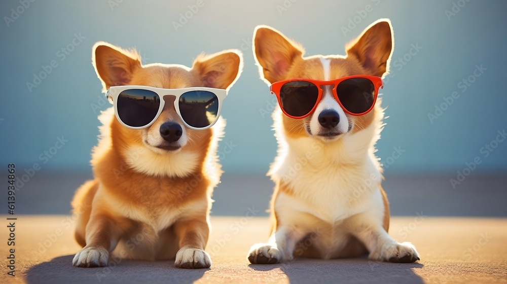 Two cute corgi dogs with glasses on a blurred sea background, copy space, AI-generated Two cute corgi dogs with glasses on a blurred sea background, copy space, AI-generated